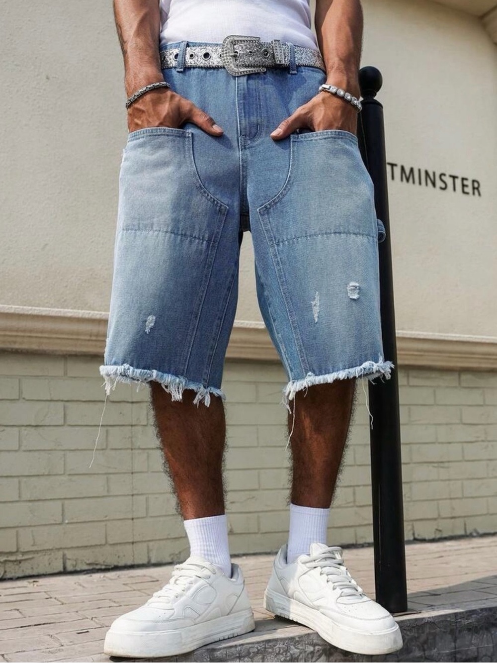 Men's Light Wash Distressed Denim Jean Shorts
